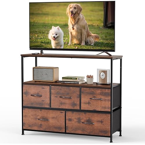 DUMOS TV Stand, Dresser with 5 Fabric Storage Drawers, Media Console Featuring Open Shelf for TV, Compact Entertainment Unit for Bedroom, Living Space, or Dorm Organization, Brown