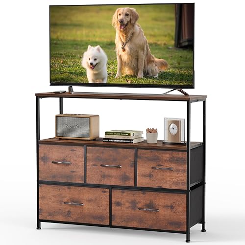 DUMOS TV Stand, Dresser with 5 Fabric Storage Drawers, Media