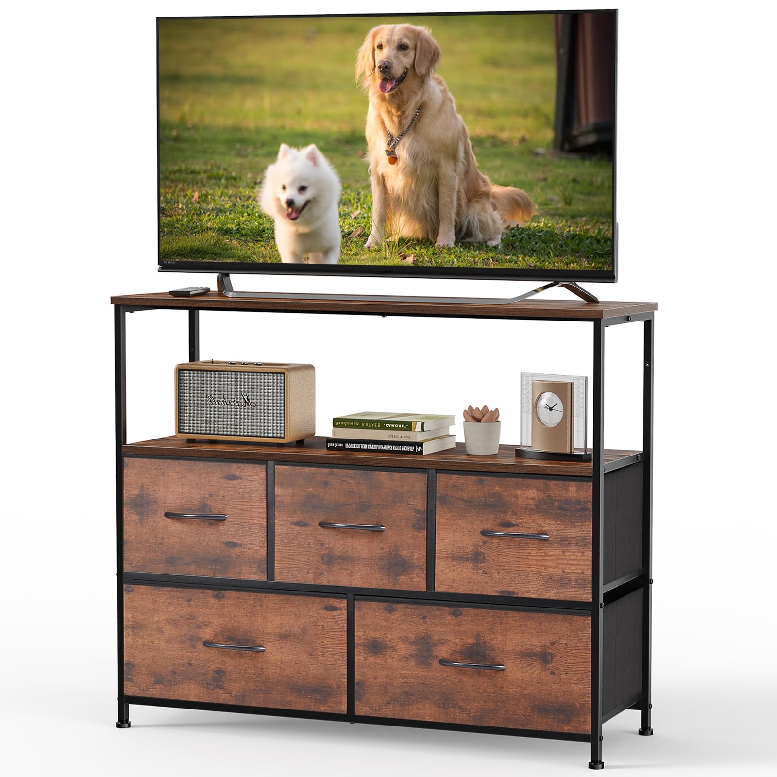 DUMOS TV Stand Media Console with LED Power Station, Open Storage Shelf & Small Accessory Drawers, Entertainment Cabinet, Living Room Bedroom Dorm Home Furniture, Brown