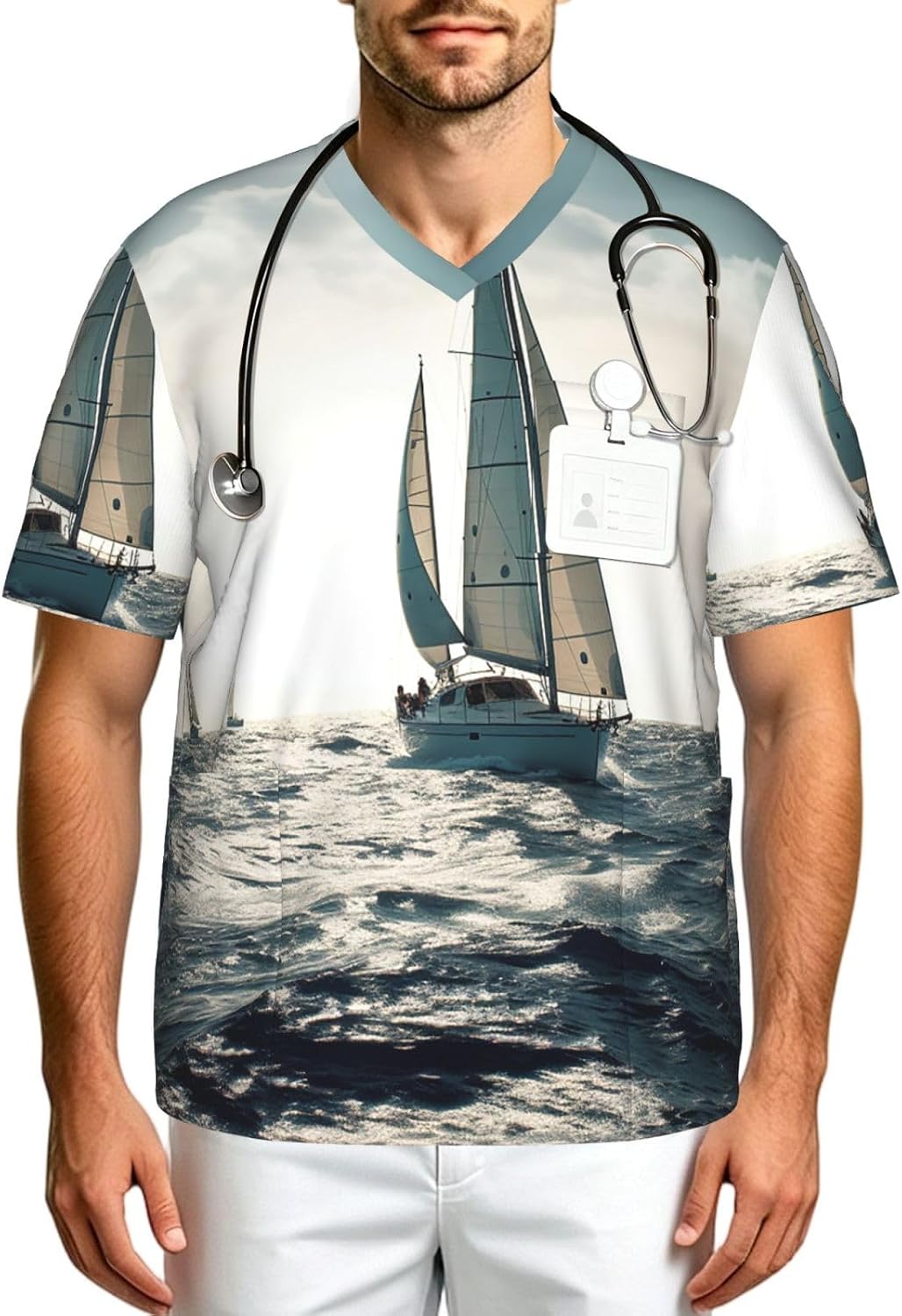 Professional Scrub Tops for Men, Classic V-Neck Workwear with 3 Pockets