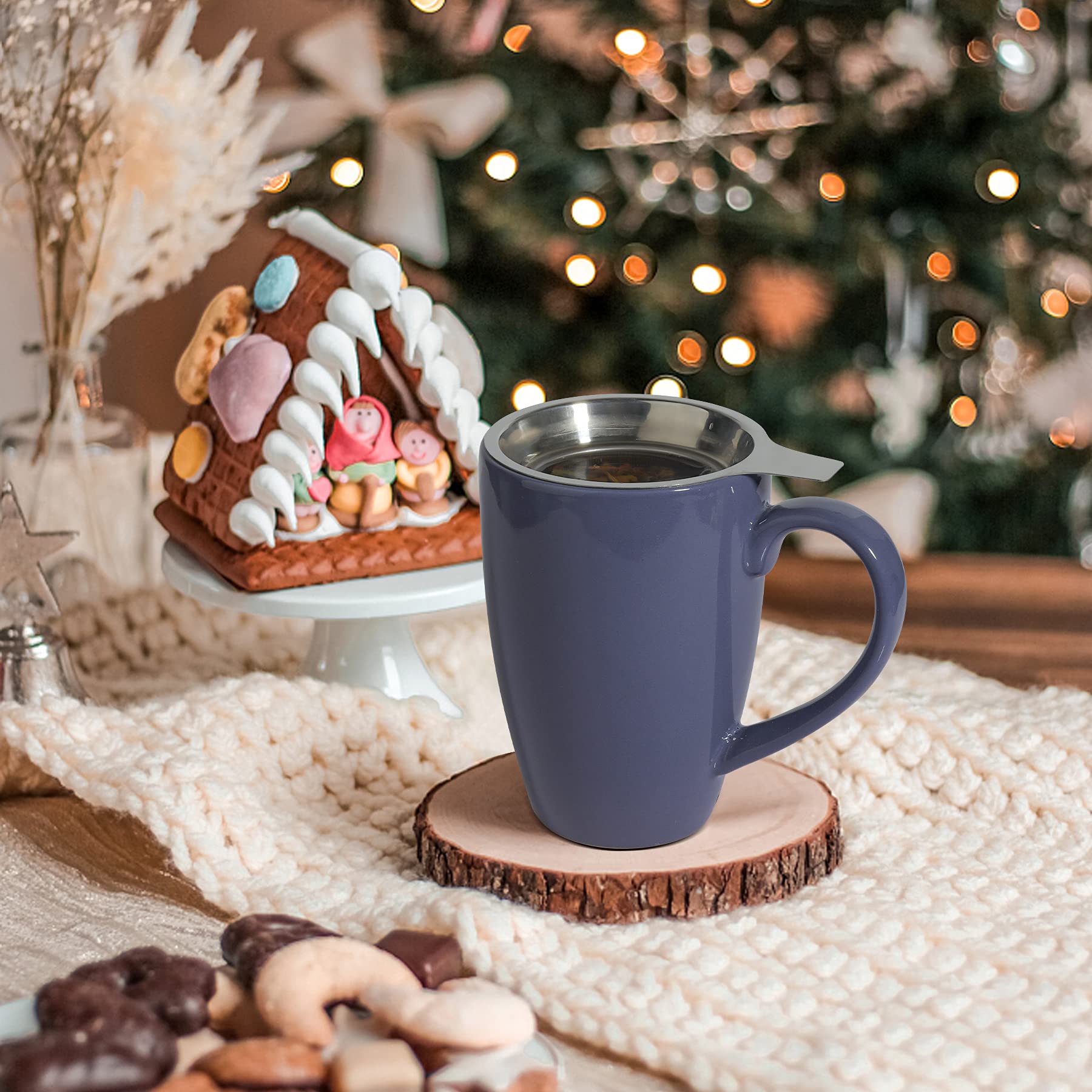 ComSaf Tasse à thé en céramique avec infuseur et couvercle, 473,6 g, grande tasse en porcelaine avec filtre à thé pour thé en vrac, tasse à thé pour bureau, maison, bleu marine