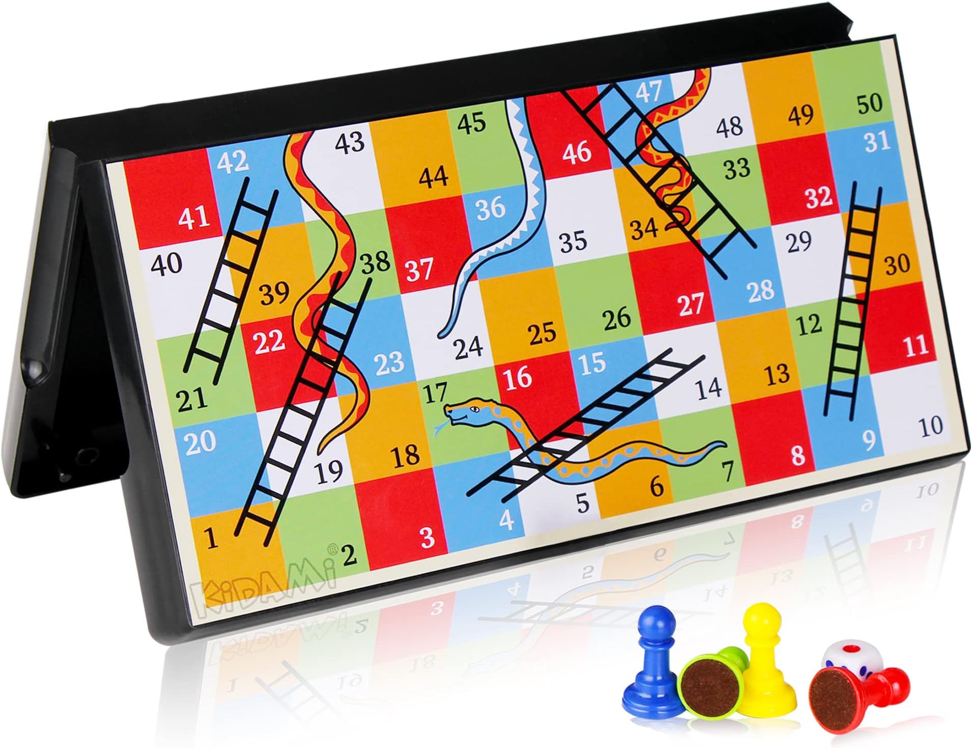 KIDAMI Magnetic Snakes and Ladders Game Set with Storage Box, Folding Design and Light-Weight, Gift for Kids and Adults.
