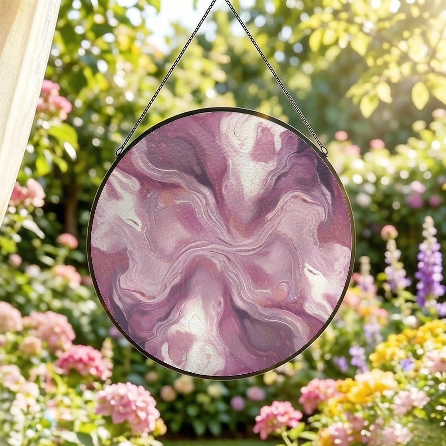 30x30cm Round Stained Glass Suncatcher for Window Hanging Decor with Chain
