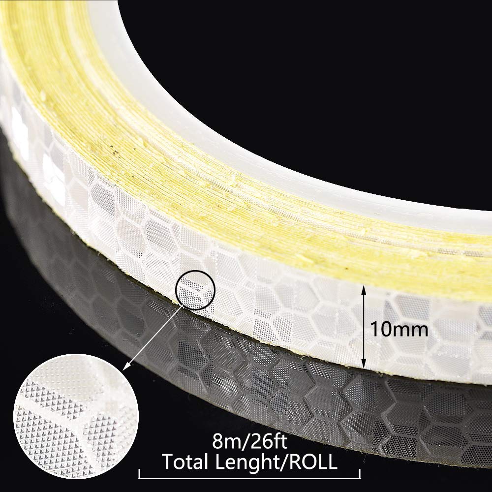 Reemky 1cm x 8M26ft Reflective Stickers Weatherproof High Intensity Bike Stickers car Motorcycle Sticker for Outdoor Cycling Security Protection (White)