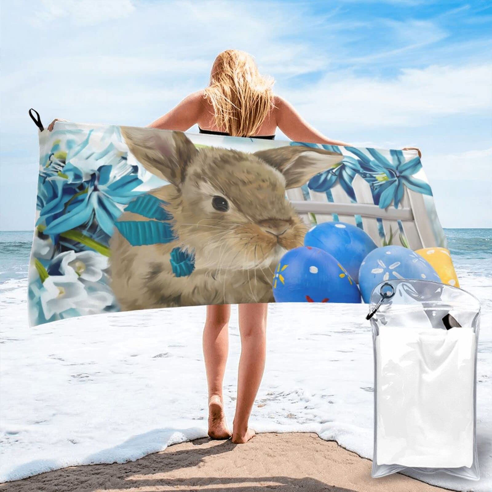 Lawenp Cute Easter Eggs Rabbit Microfiber Beach Towel Adults Large Quick Drying Bath Towel Travel Towels with Pouch 27.5"x55"