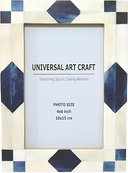 Handmade Bone Inlay Photo Frame 4x6 Inch | Blue & White Geometric Diamond Decorative Picture Frame | Luxury Artisan Tabletop & Wall Display | Home Decor Gift