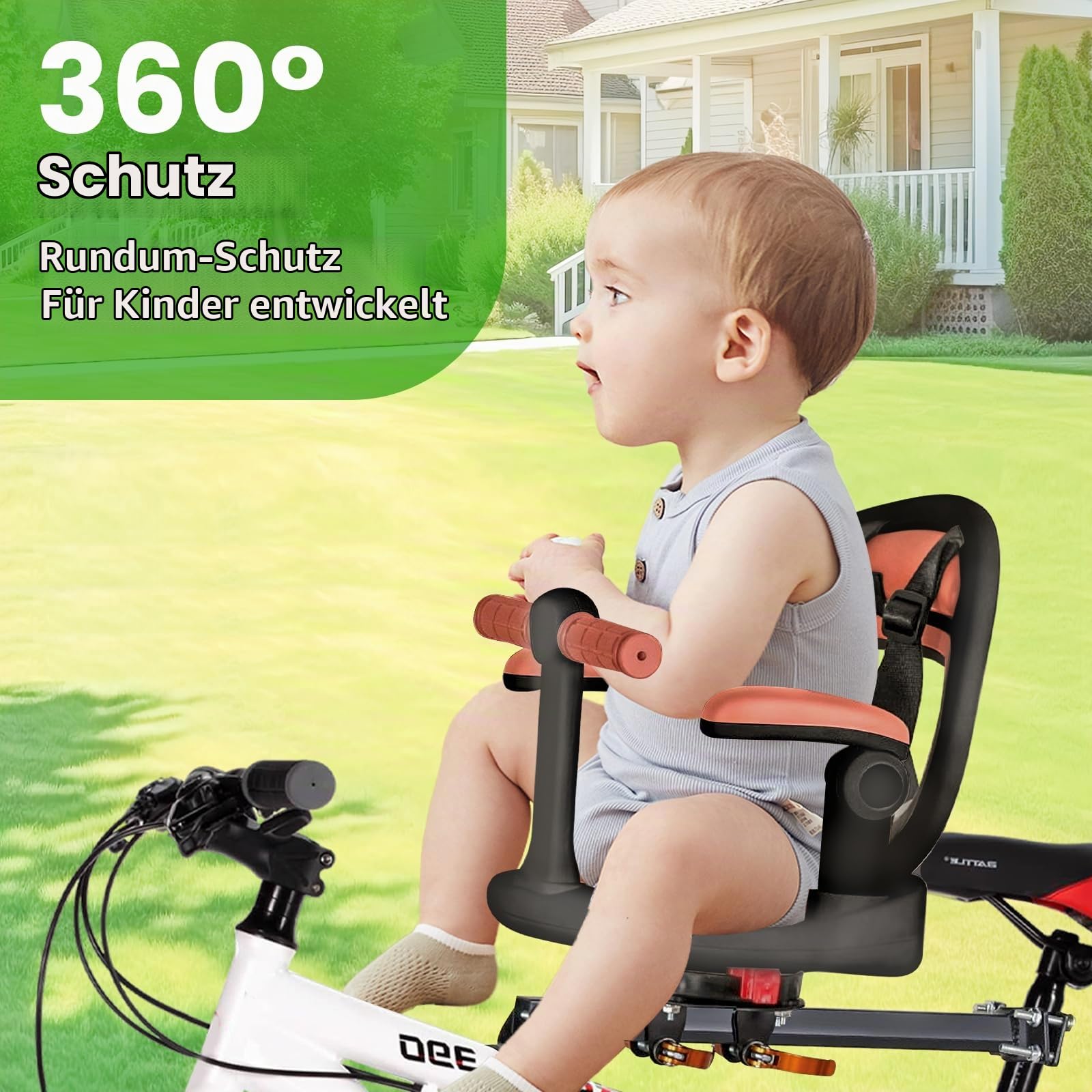 auvstar Kindersitz Fahrrad Vorne,Mountainbike Kindersitz,Sitz Um 360° Schwenkbar,Schnellspanner,Mit Fußstütze,Armlehnen,Gitter,Sicherheitsgurten,Geeignet Für Kinder Im Alter Von 1-3 Jahren (Braun)