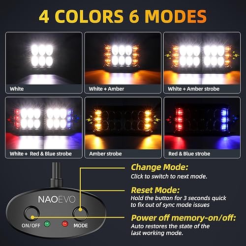 Miniatura 2 de NAOEVO Cápsulas de luz LED estroboscópica de 4 pulgadas, disparador lateral ámbar, blanco, azul y rojo, 6 modos, luz todoterreno de 60W con función