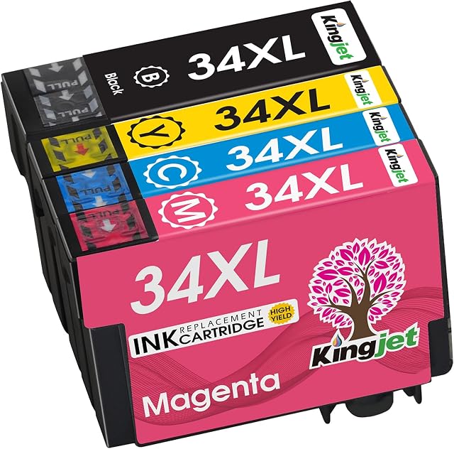 KINGJET 34XL Ink Cartridges Replacement for Epson 34 34XL Epson Golf Ball T3471 T3472 T3473 T3474 for Epson WorkForce Pro WF-3720DWF WF-3725DWF Printer (1 Black, 1 Cyan, 1 Magenta, 1 Yellow) 4 Pack