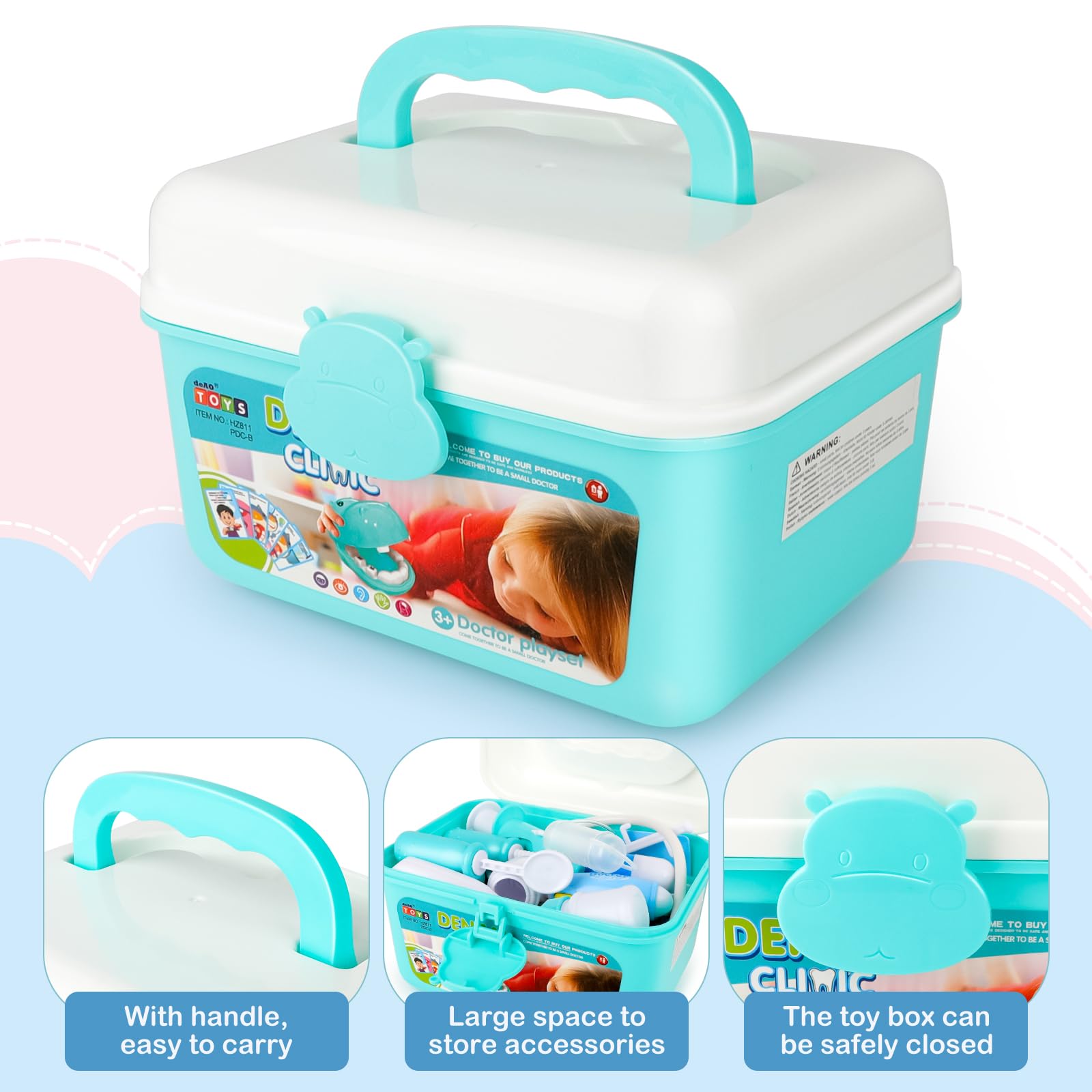 deAO 2 en 1 Kit Medico Infantil con Bata, Estetoscopio Real Luces y Sonidos | Maletin Medico Juguete, Juguete Educativo de rol para Niños, Kit de Dentista con Maleta, para Cumpleaños, Navidad (Azul)
