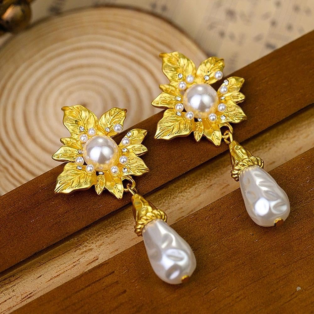 Chunky Flower Pearl Drop Dangle Earrings for Women,Vintage Teardrop Pearl Statement Dangling Earrings,Charming Dainty Jewelry Accessories Gifts - Image 4
