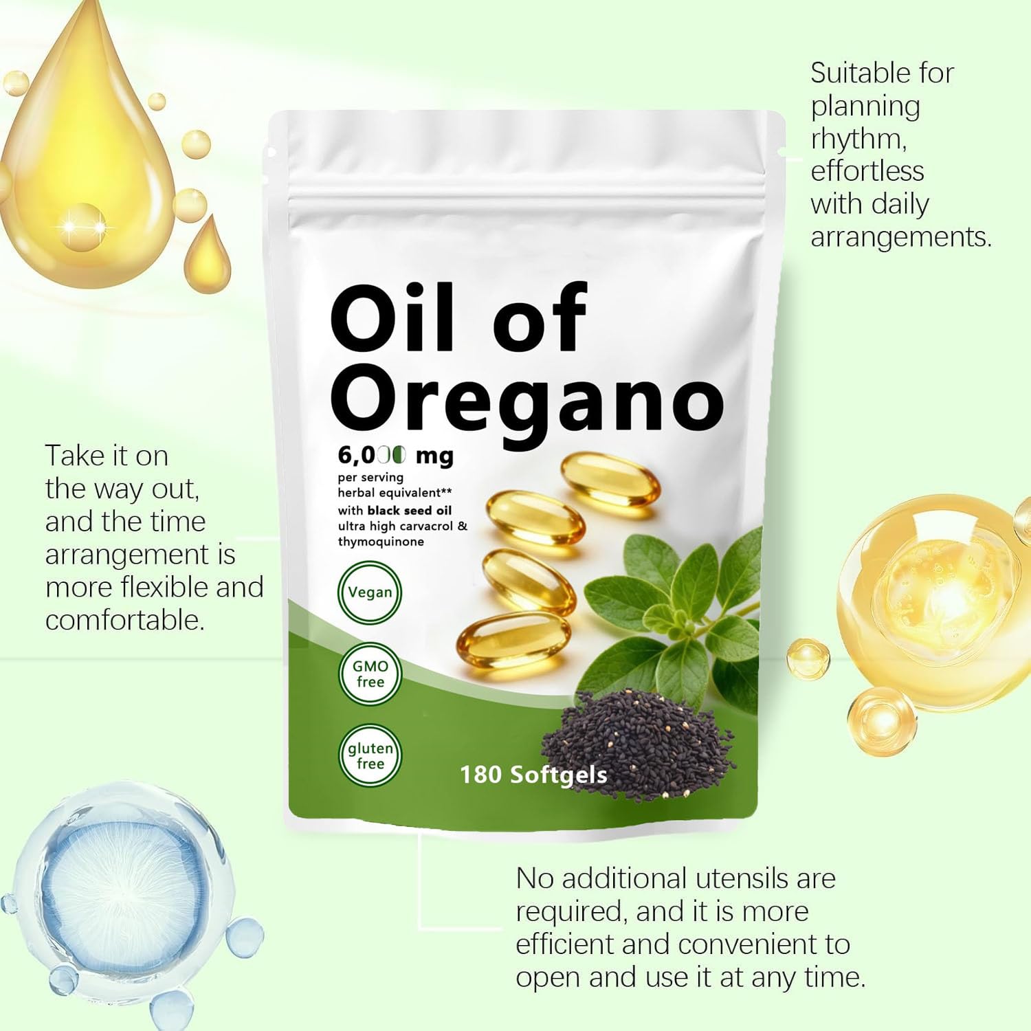 Olio di origano Softgels, 180 pezzi | 2 in 1 formulato con olio di semi neri, carvacrolo e timochinone 4X forza | Non OGM, senza glutine, sicurezza degli ingredienti, adatto sia per uomini che per