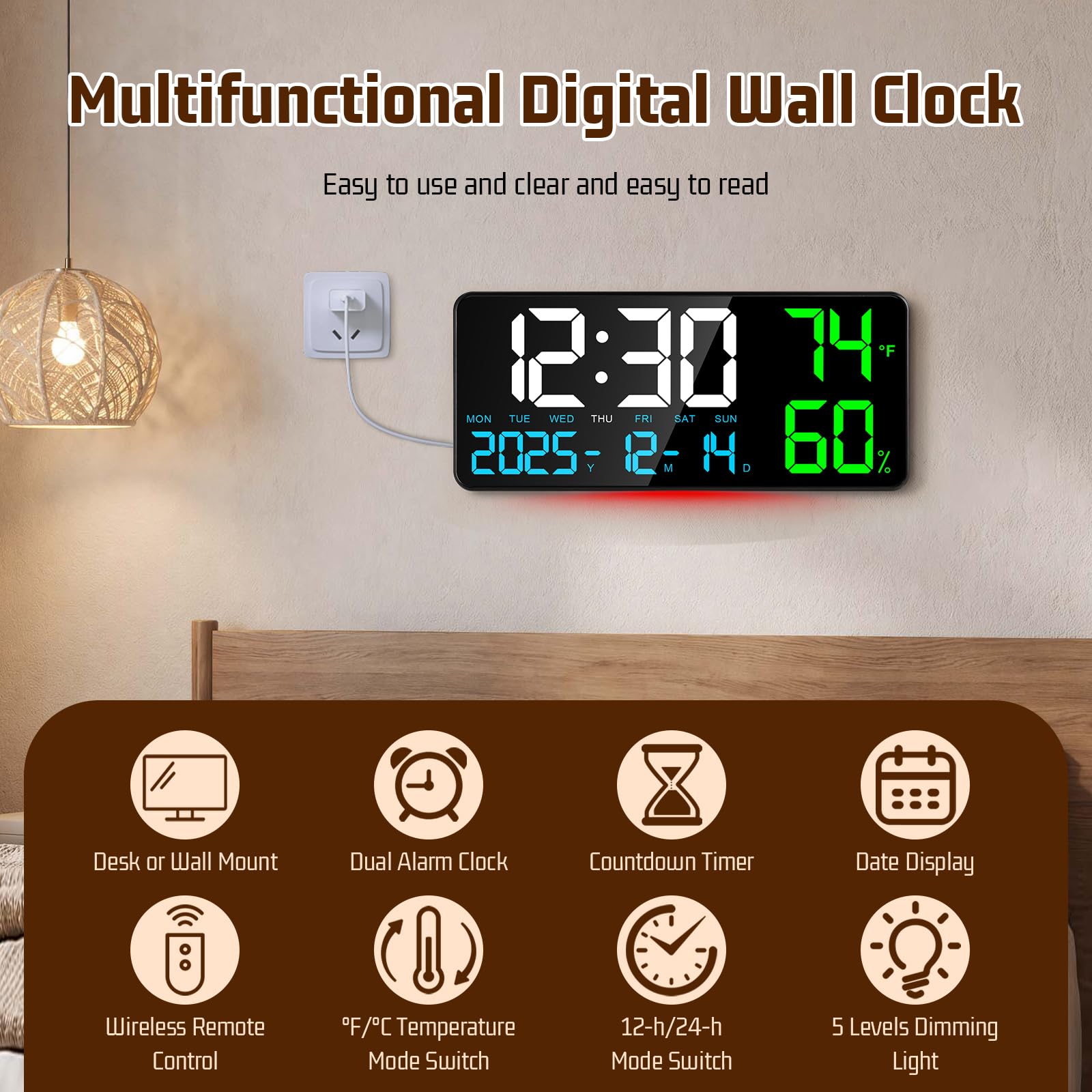 15" Orologio da Parete Digitale Grande, Orologio Digitale LED con Telecomando, Luce Notturna, Temperatura, Data, Allarme, Dimmer, 24/12 H, per Soggiorno, Camera da Letto, Ufficio