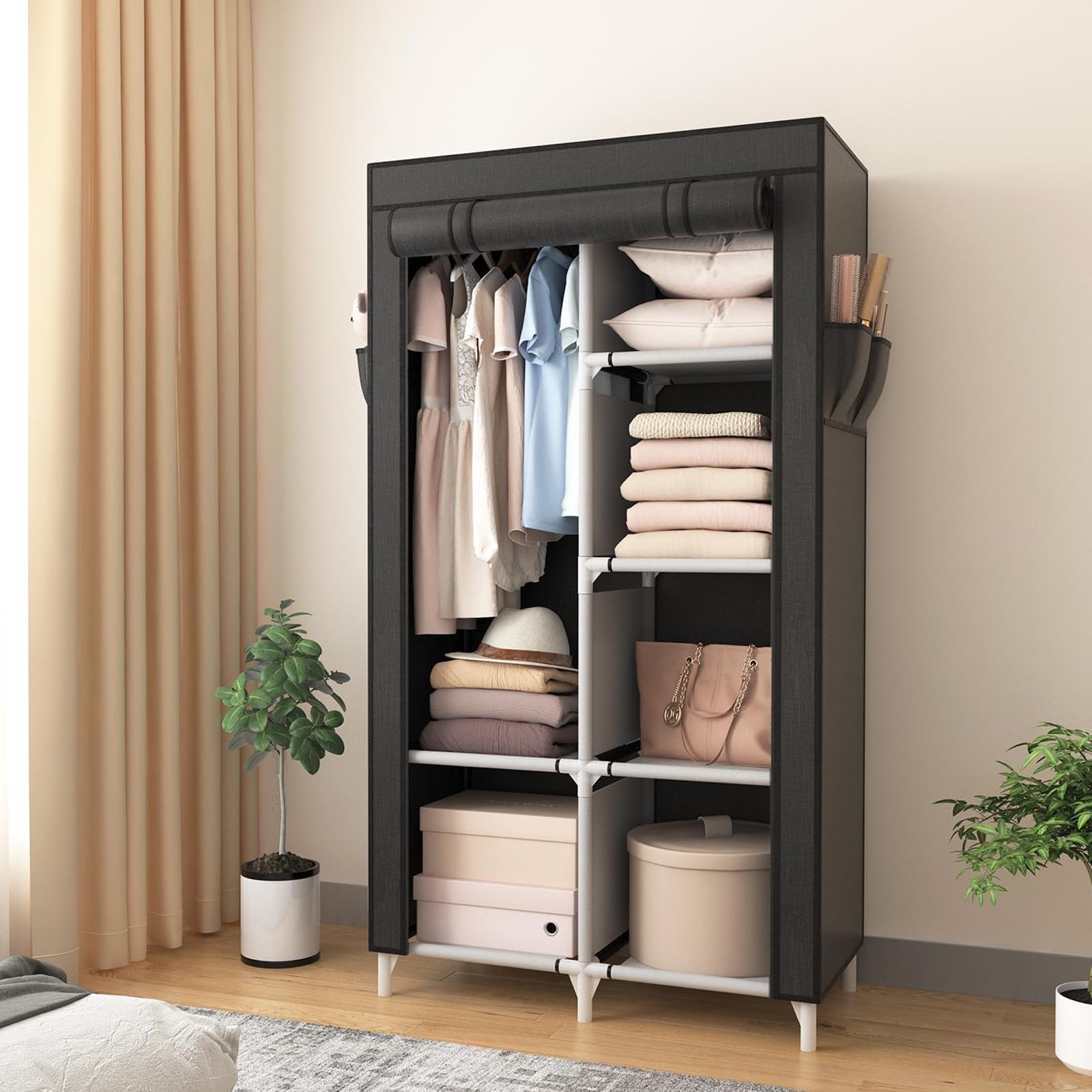 Vicye Armoire Chambre en Tissu, Armoire Penderie 2 Portes avec Barre de Suspension et Étagères, Penderie Tissu avec Housse pour Vestiaire Dressing Chambre (Noir, 84 x 42 x 162 cm)