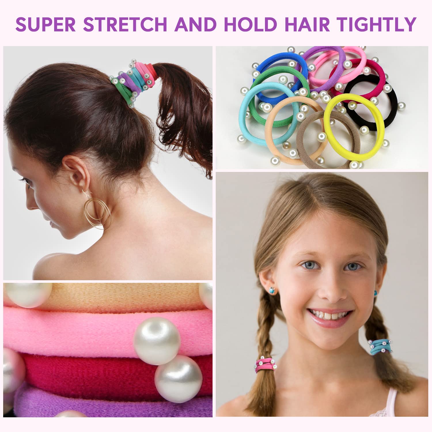 Amazon.com : MARY LAVENDER Large Stretch Hair Ties Bracelets with Pearls  for All Hair Types 10 Colors No Break Hair Elastics Ponytail Holders Hair  Scrunchies 2inch Diameter No Slipping No Snagging 10-Pack :