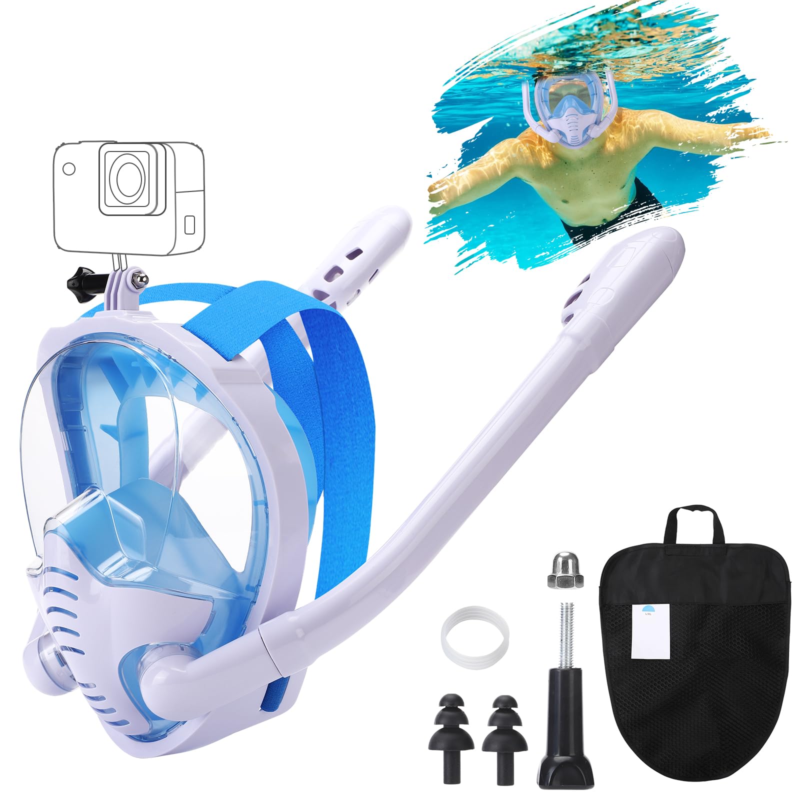 Wikay Máscara Snorkel Adulto, Máscara de Buceo, 180°Panorámica Máscara de Snorkel de Cara, con Montaje de Snorkel Desmontable, Anti-vaho Anti-Fuga, Unisex Adulto, Azul, L/XL