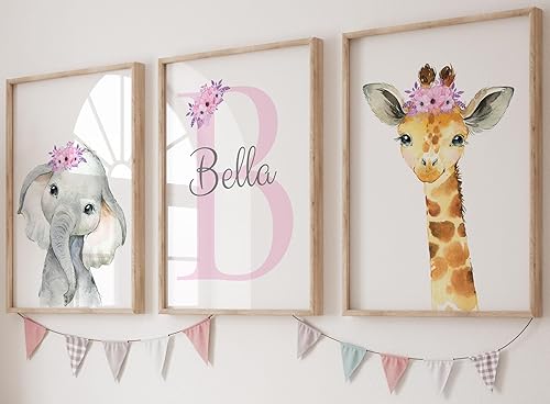 Miniatura 8 de Animales de safari personalizados para el cuarto del bebé, juego de 6 impresiones de póster sin marco, nombre personalizado floral rosa lila,