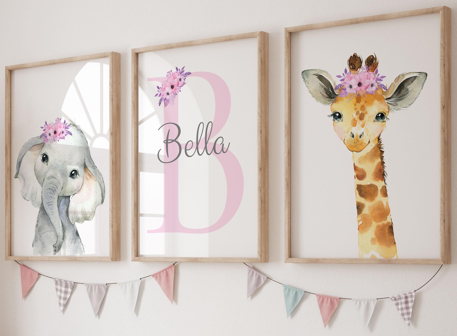 Personalized Safari Animals for Baby Girls Nursery, Set of 3 Unframed Poster Prints, Personalized Name Pink Lilac Floral, Girls Bedroom Decor,