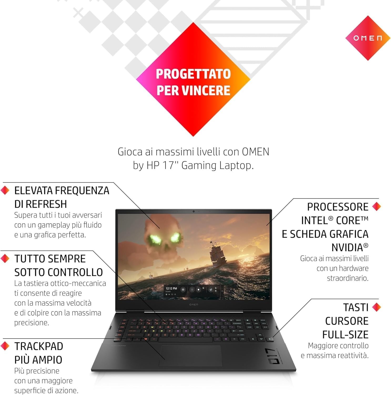 HP OMEN 17-ck1001sl, Intel Core i7-12700H, RAM 32GB DDR5 4800Hz, SSD PCIe NVMe da 1TB M.2, Grafica Nvidia RTX 3080Ti 16GB DDR6, Display 17,3" QHD 165Hz IPS, Wi-Fi 6, Windows 11, Nero