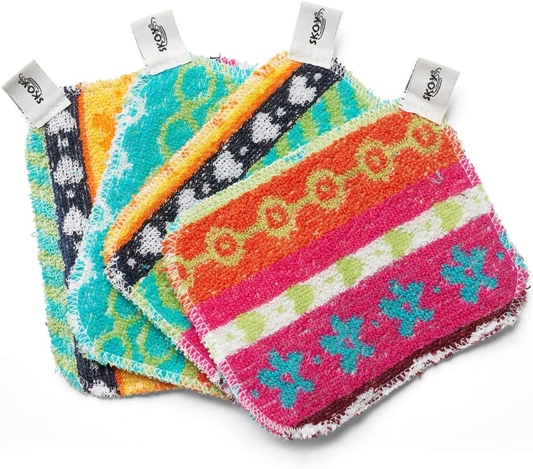 Skoy Scrub, Non-Scratching, Reusable Scrub for Kitchen and Household Use, Environmentally-Friendly, Dishwasher Safe, 4-Pack - Assorted Colors and Designs