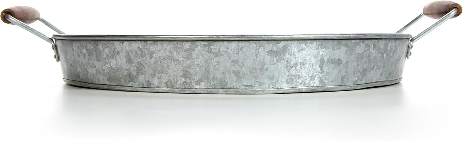 Hosley's 16 Inch Diameter (Handle to Handle 19.69 Inch) Galvanized Tray with Wooden Handles. Ideal Gift for Wedding Party Serving Ware House Warming Home Office Spa Aromatherapy. O4