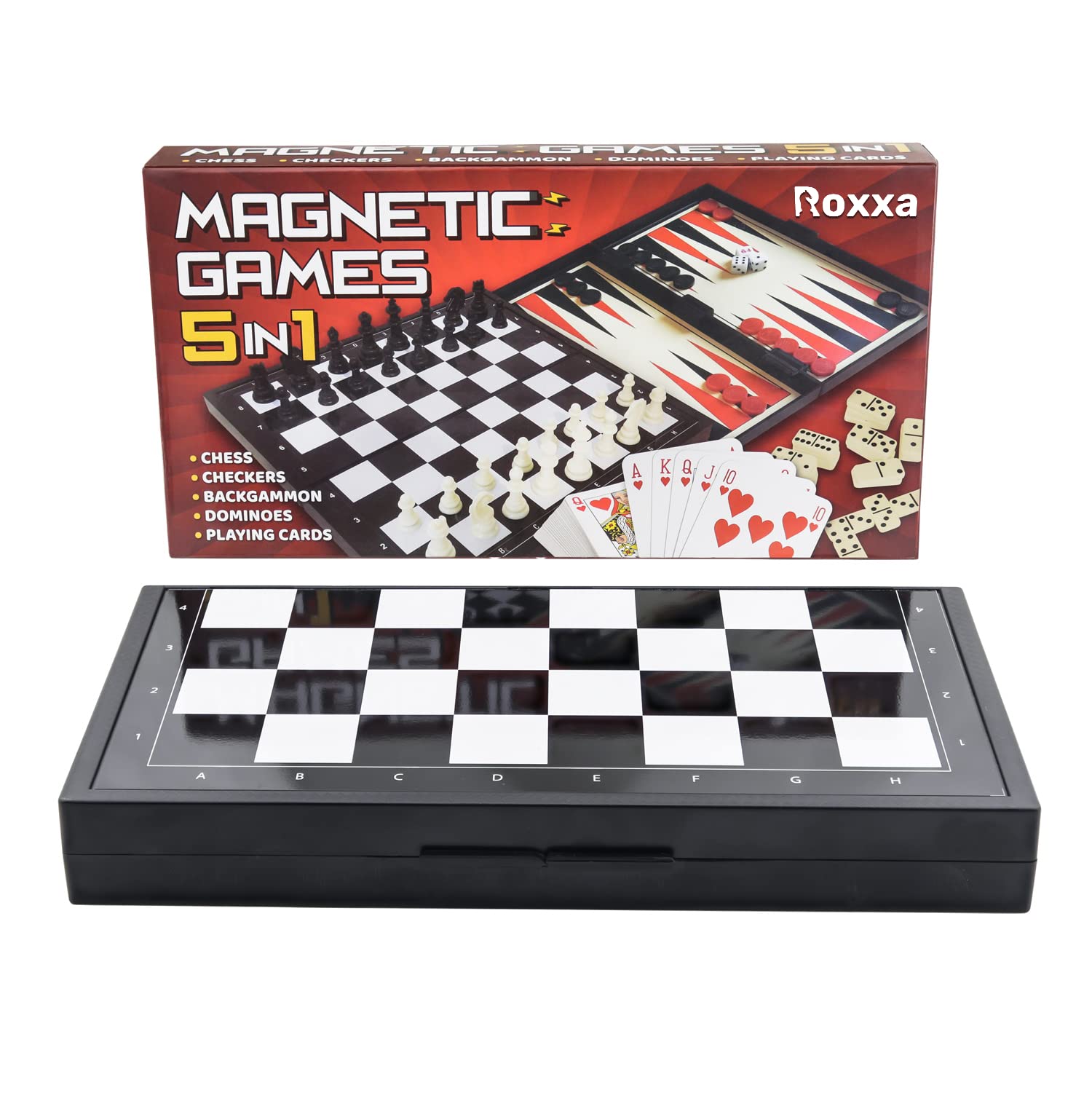 5 in 1 Mini Board Games Set: Magnetic Chess, Draughts, Checkers, Dominoes, Backgammon, Playing Cards