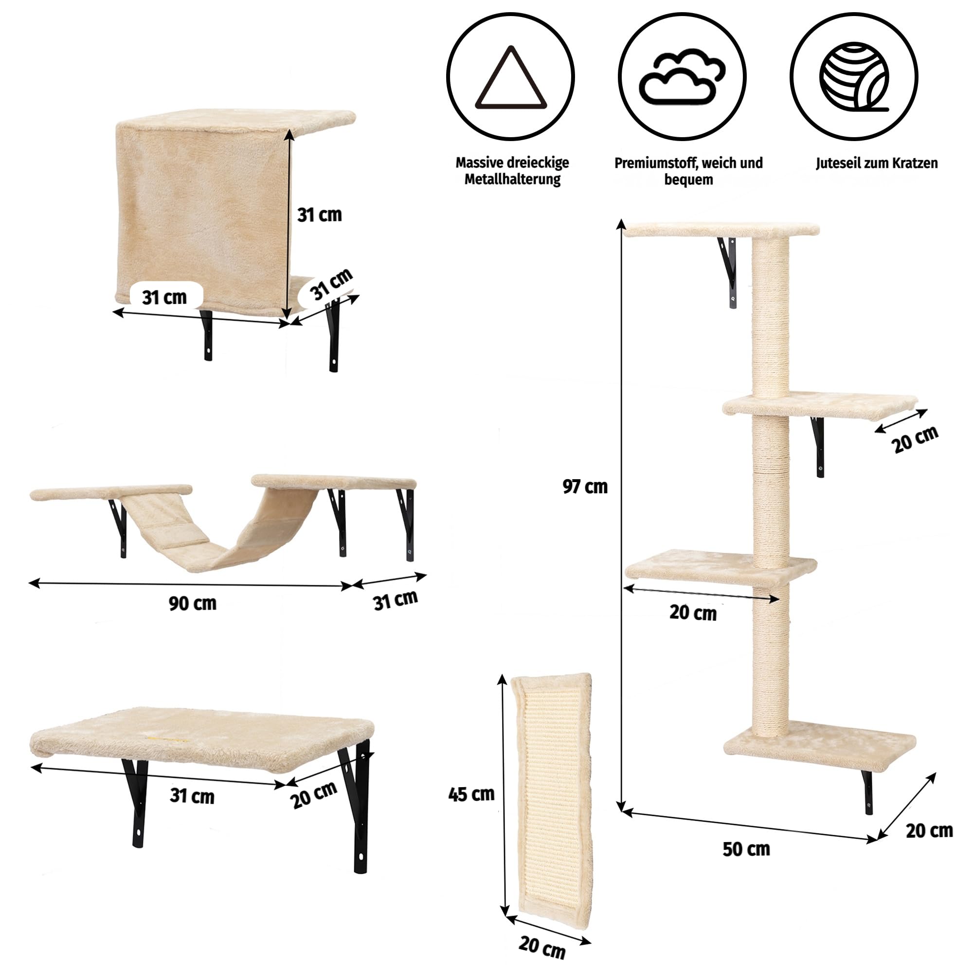 Katzen Kletterwand Set 5-teilig – Wandmontierte Katzenwand für Wohnungskatzen, mit Katzenhaus, Katzenbrücke, Kratzsäule & Kratzbrett, Platzsparend, beige