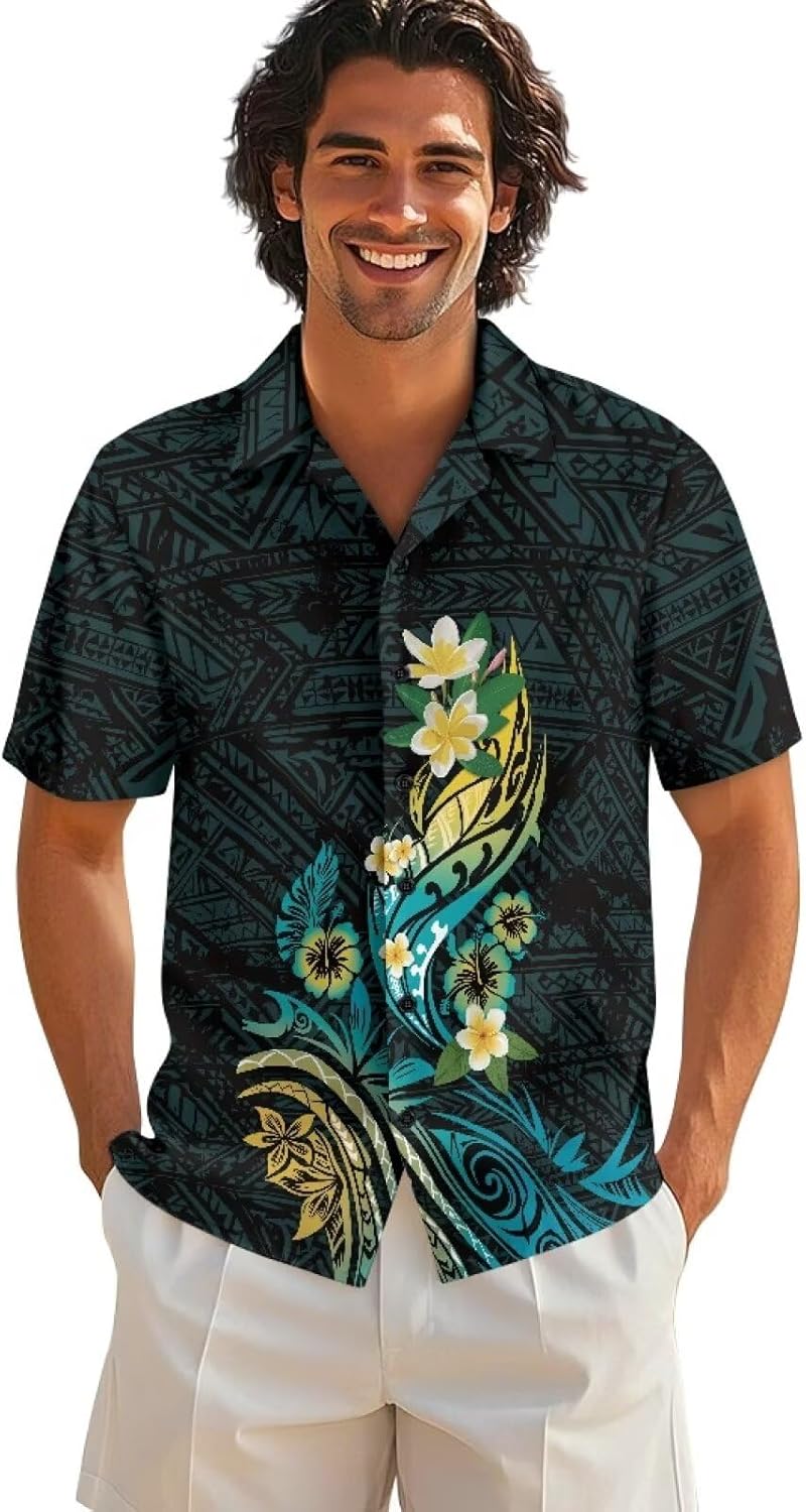Polynesian Men's Aloha Shirt Hawaiian Casual Short Sleeve Button Up Tropical Samoa Traditional Tribal Totem
