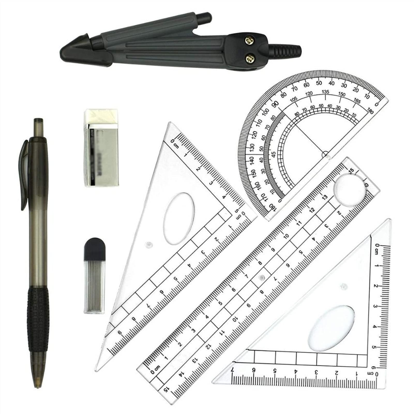 Set di compassi per Geometria Matematica, 8 Kit di Forniture per Studenti, cancelleria, Scatola portaoggetti, Compasso per Disegno Tecnico, goniometro, Righello, Set di compassi