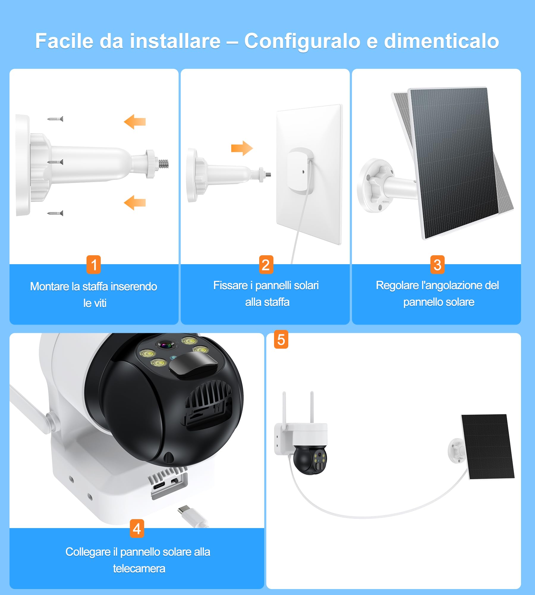 Pannello Solare 6W per Telecamere di Sicurezza a Batteria da Esterno, Modulo Solare 5V USB-C, Compatibile con Telecamere a Batteria, Regolabile 360°, IP65 Impermeabile, Cavo 3m (6W 1-Pack)