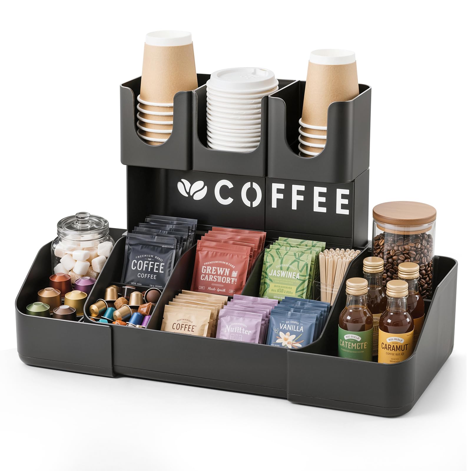 JYPS Coffee Station Organizer for Countertop, 2-Tier Coffee Cup and Lid Holder with 11 Compartments, Adjustable Coffee Pod Holder for Coffee Bar Accessories, Capsules,Sugar, Office Breakroom Kitchen