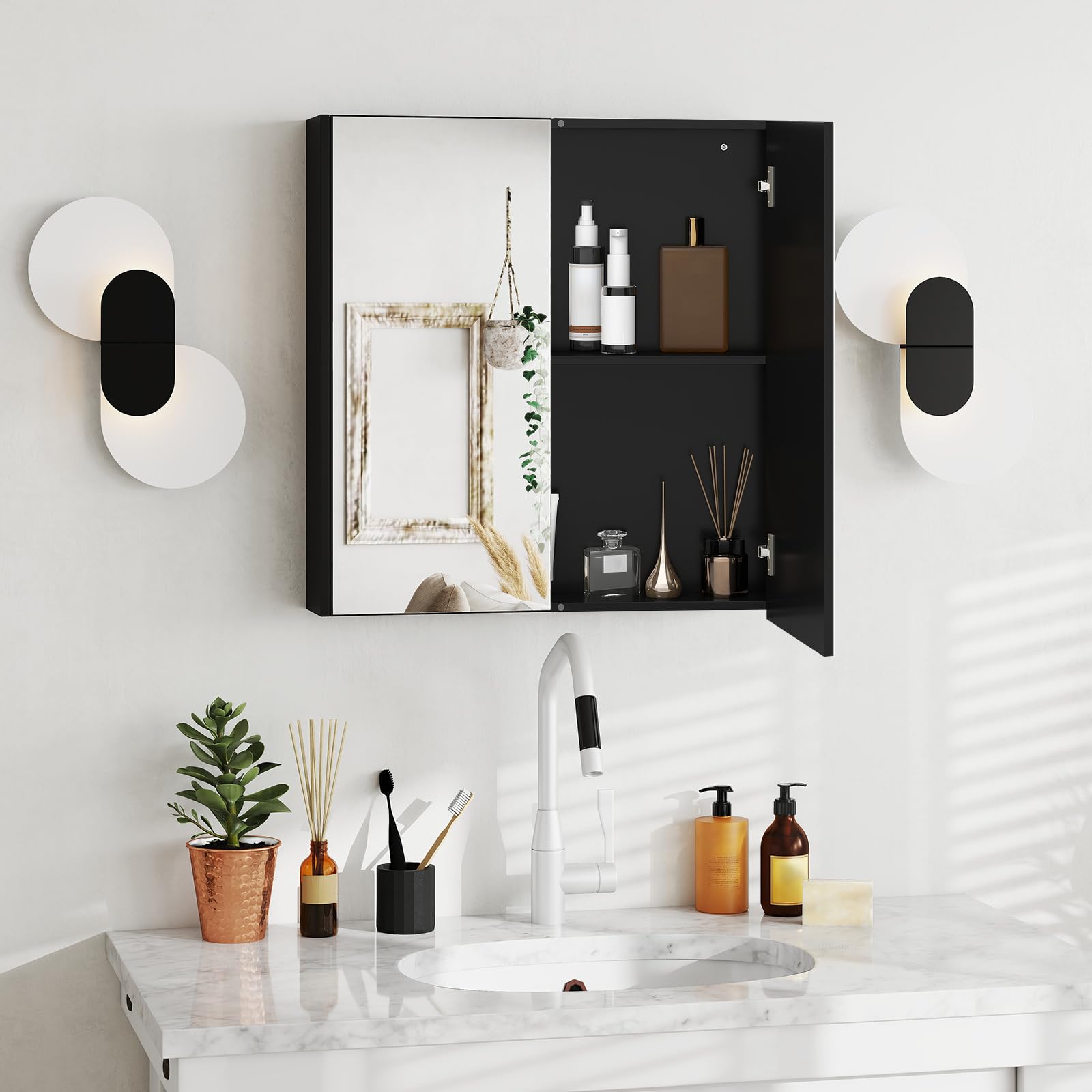 LIFEZEAL Armario con Espejo de Baño, Armario de Pared con 2 Puertas y 2 Estantes, Mueble de Inodoro Colgante, 62 x 11,3 x 65 cm, para Cuarto de Baño y Dormitorio (Negro)