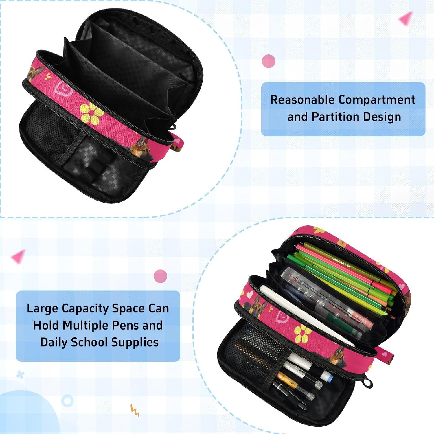 ALAZA German Shepherd Yellow Flower Pattern Large Capacity Pencil Case, Aesthetic Stationery Organizer Bag with Clear PVC Window, High Capacity Pen Pouch with Dividers for School Office Travel image 5
