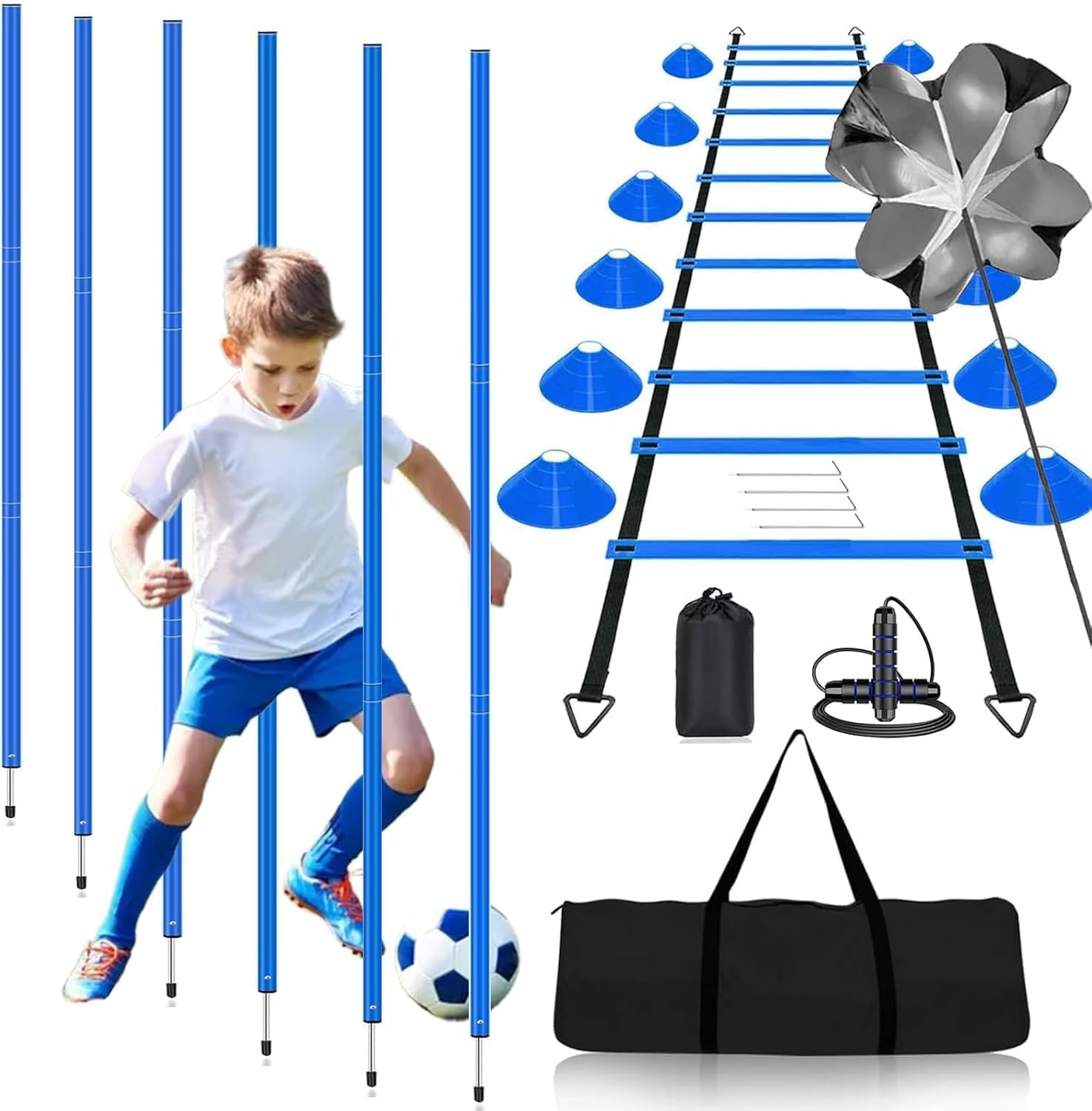 Set da allenamento per calcio, 6 aste slalom, scala di coordinazione 6 m, 12 cappelli, corda per saltare, paracadute di resistenza, set completo per allenamento di coordinazione