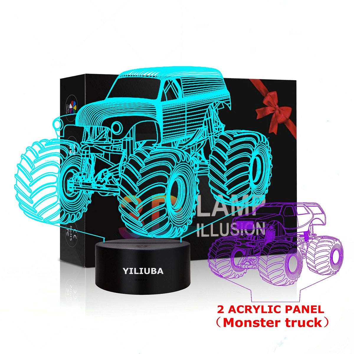 Night Light LED Lamp 3D - Monster Car Monster Truck - Discolor Decoration Pattern Lights - Theme Table Desk Lamps Home Kiddie Kids Children Family Holiday Gift