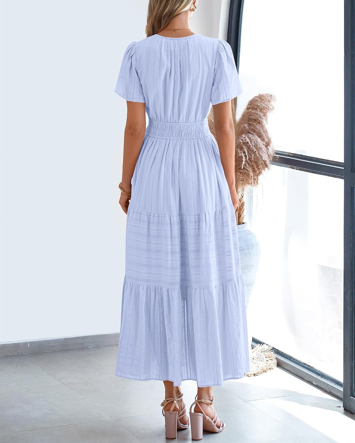 BTFBM Womens Summer 2026 Casual Midi Maxi Dresses Lightweight Short Sleeve V Neck Elastic Waist Boho Beach Dress Pockets thumbnail