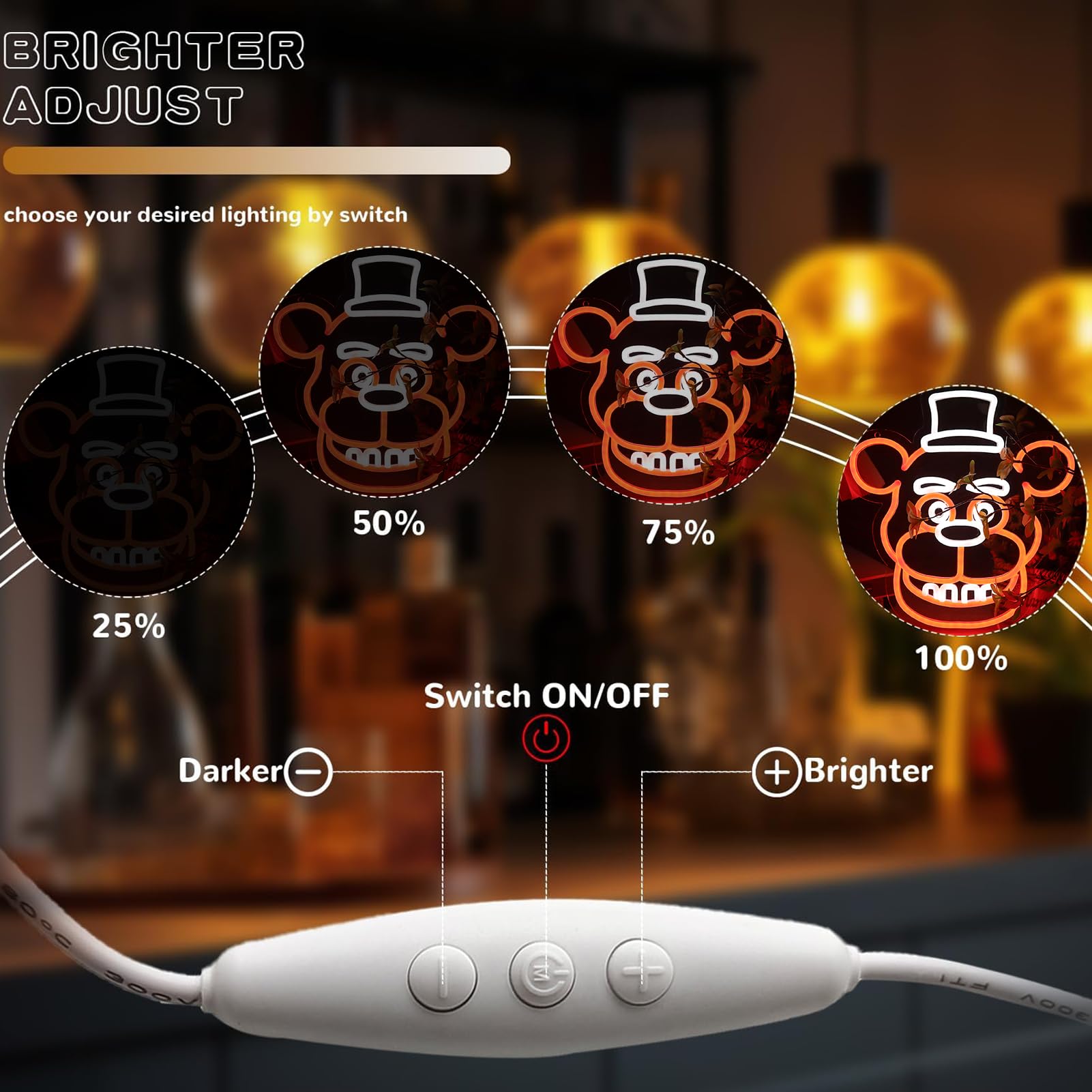 Insegne al neon a forma di orso per decorazione da parete, luci al neon a LED per sala giochi, compleanno, regali di Natale per bambini, adattatore di alimentazione 5 V (wite+arancione)