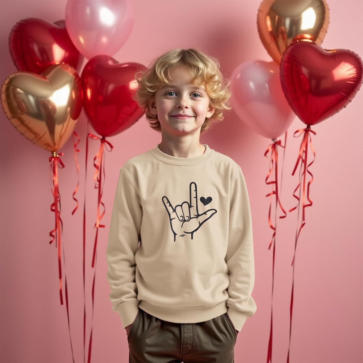 Boys Valentines Sweatshirt I Love You Sign Language Shirt Kid Long Sleeve Heart Graphic Crewneck Pullover Top - Image 2