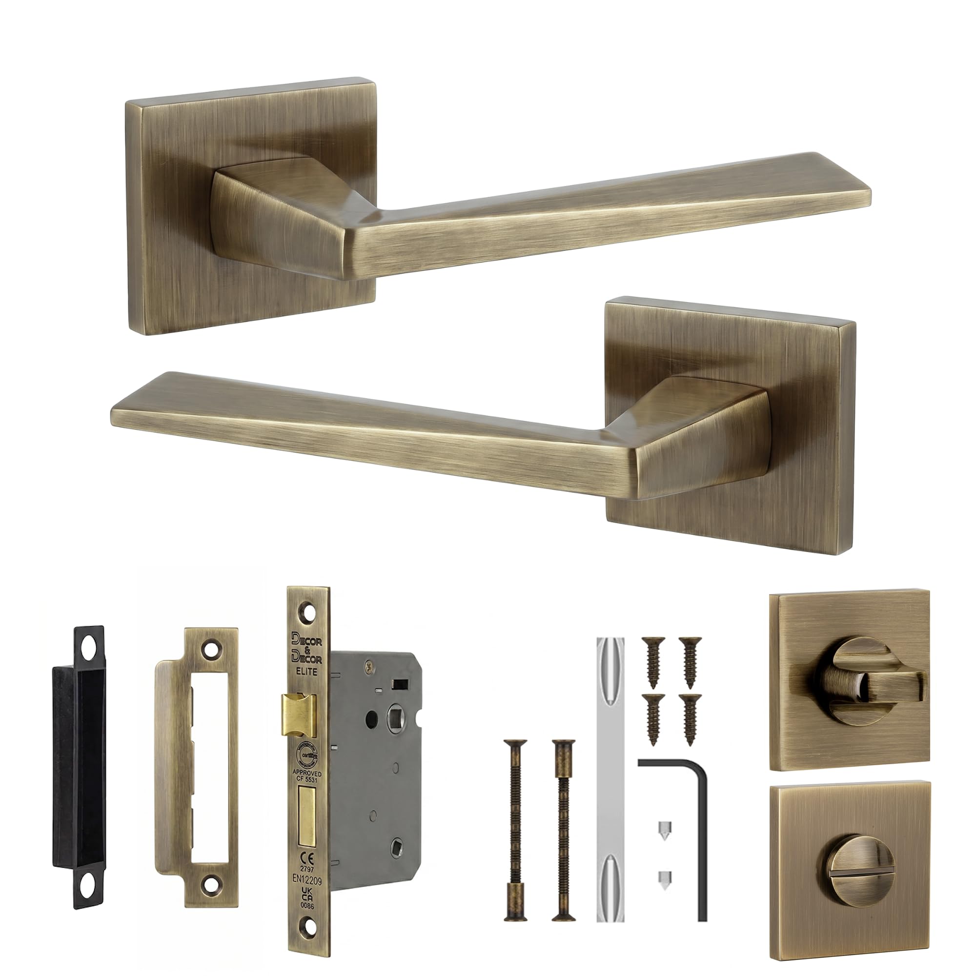Decoranddecor Leda Antique Brass Internal Door Handles – Aluminium Handle Sets with Bathroom Door Lock and Turn Release – Elegant and Durable Design for Wooden Interior Doors in Homes and Offices