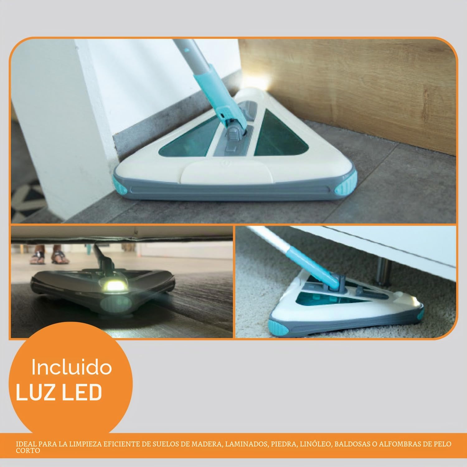 Livington Deeper Sweeper - Limpiador de Suelo inalámbrico con 4 cepillos giratorios - Diseño triángulo - Escoba eléctrica con luz LED - Escoba inalámbrica sin Bolsa - Cabezal Giratorio Flexible -