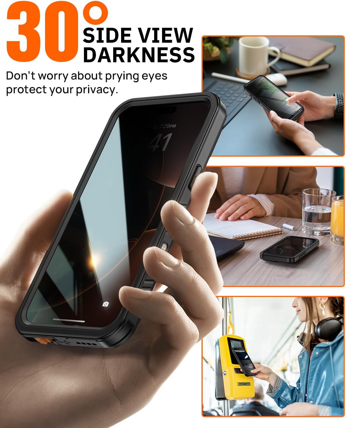 Lanhiem Privacy for iPhone 16 Pro Max Waterproof Case, Dustproof Case with Privacy Screen Protector, Heavy Duty Full Body Anti-Spy Waterproof Phone Cover 6.9" (Black) - Image 3