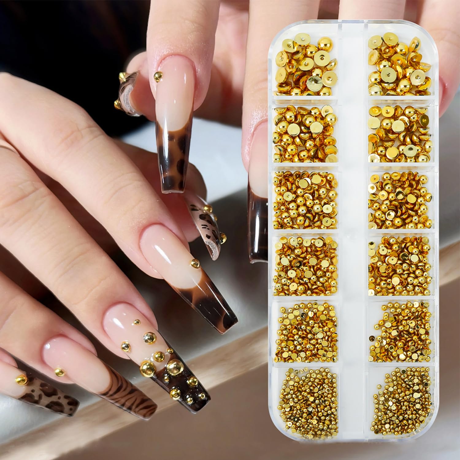 GZMAYUEN Goldene Halbperlen für Nägel, Gold Nagel Gems Steine, 3D Flatback Perlen Schmucksteine Goldperlen für Nageldesign