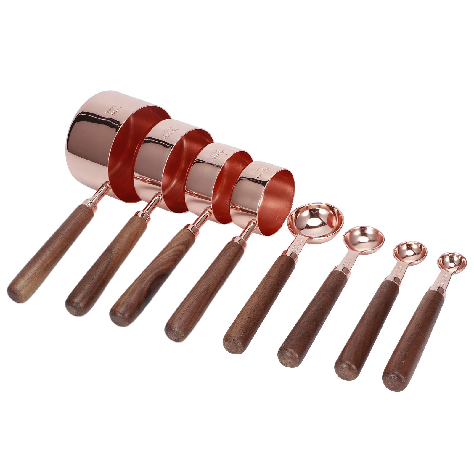 Ensemble de Cuillères à Mesurer en or Rose, 8 Pièces en Acier Inoxydable avec Manche en Bois de Noyer pour la Cuisson en Cuisine