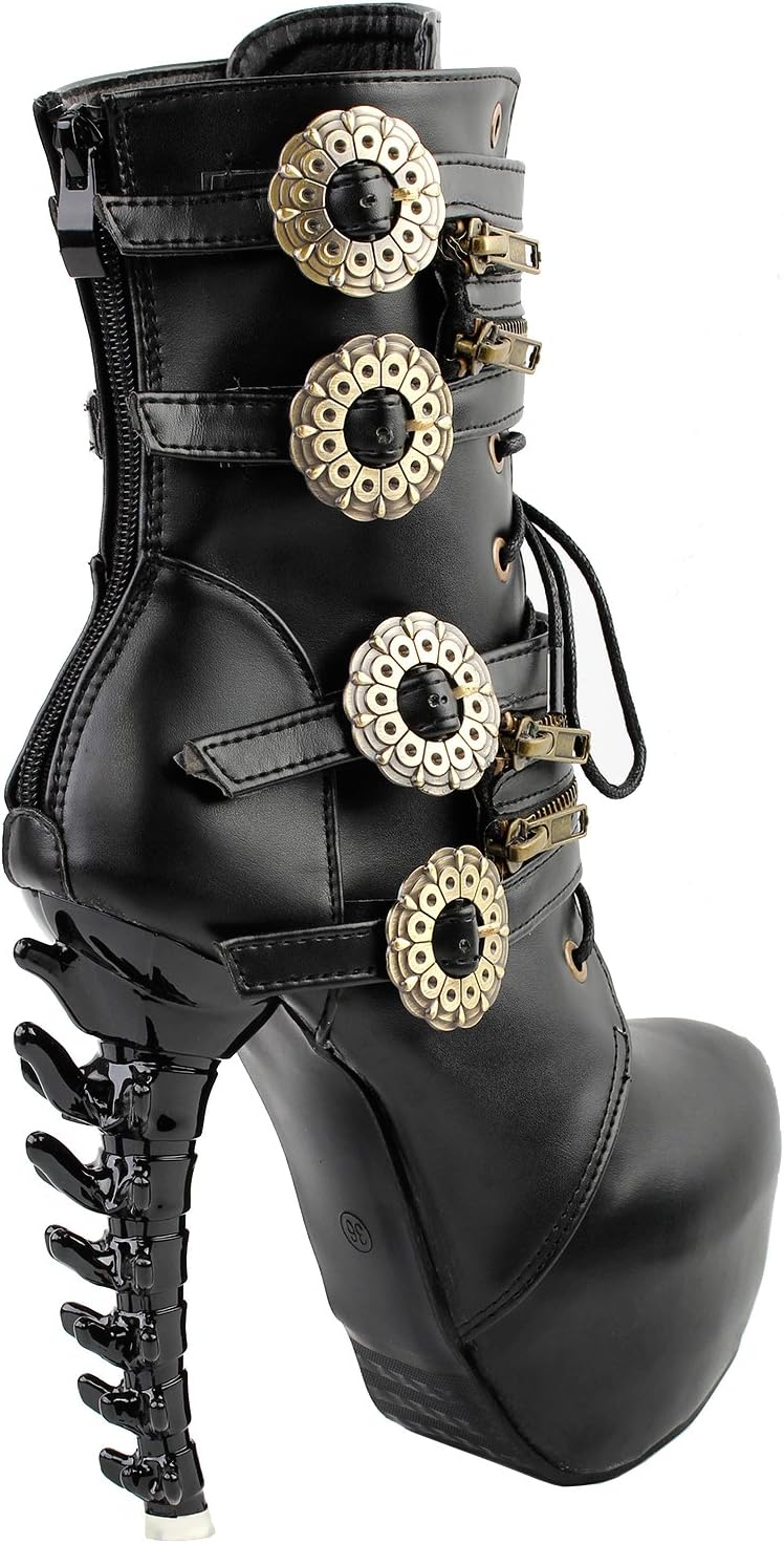 SHOW STORY Punk Black Buckle Zip Lace Up Bone Heels Platform Ankle Boots,LF80651