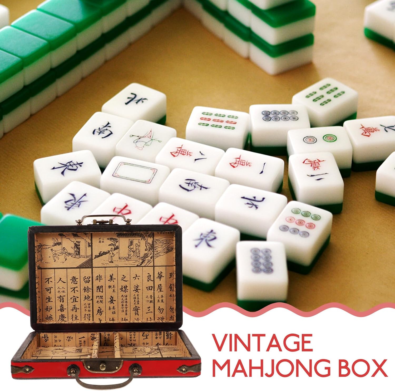 TOYANDONA Mahjong Box Only Mahjong Storage Box Wood Potable - Game Organizer with Handle Chinese Storage Case Game Tiles Empty Container