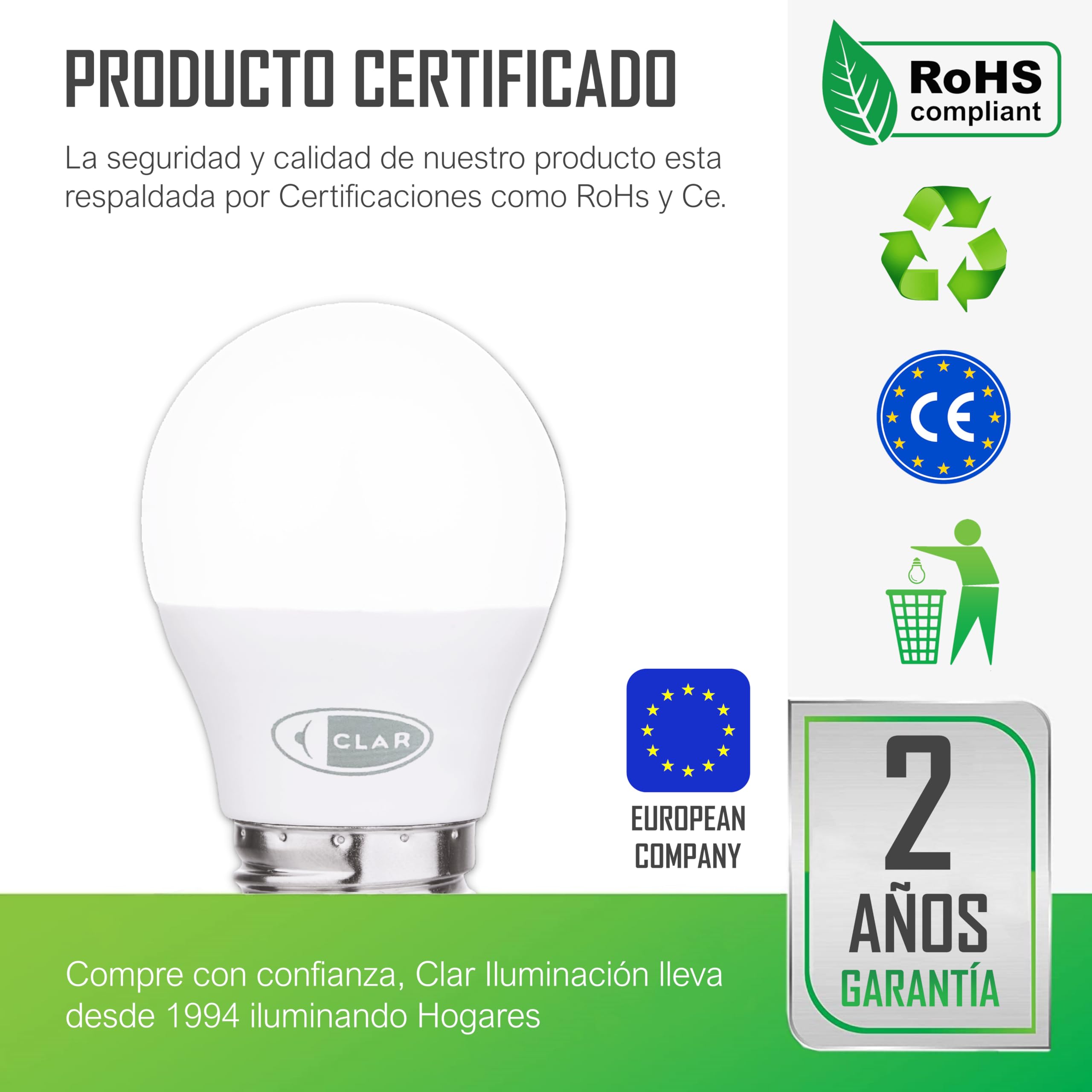 CLAR - Bombilla LED E27 4000K, Bombilla LED E27 Pequeña, G45 6W (Pack 100)