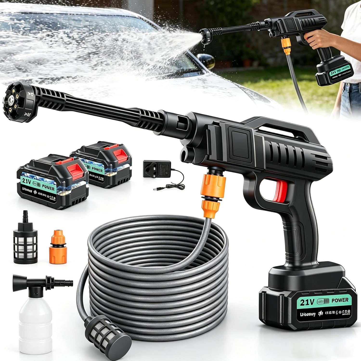 21V Cordless Pressure Washer (80 Bar / 1160 PSI) – Pro-Grade Wireless Cleaner with 2 Batteries, 5M Hose & 6-in-1 Nozzles and Foam Bottle for Patios, Driveways, Cars