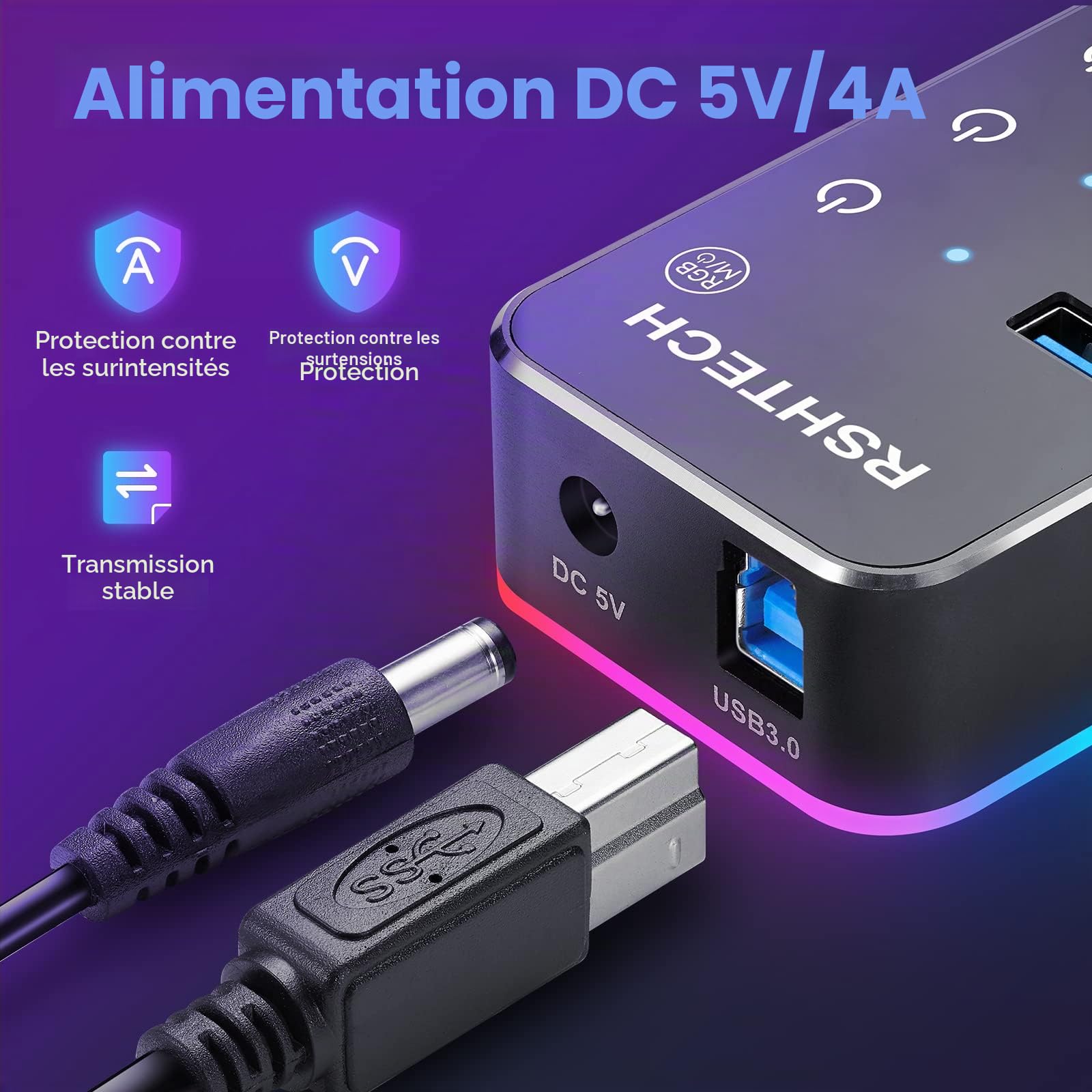 RSHTECH Hub USB Alimenté, Aluminum USB 3.0 Hub 7 Ports RGB, RSH-518R | 14 Modes d'éclairage RGB, Alimentation 5V/4A, Interrupteur Tactile et Câble de Données (Type A/C), Hub USB Gamer RGB