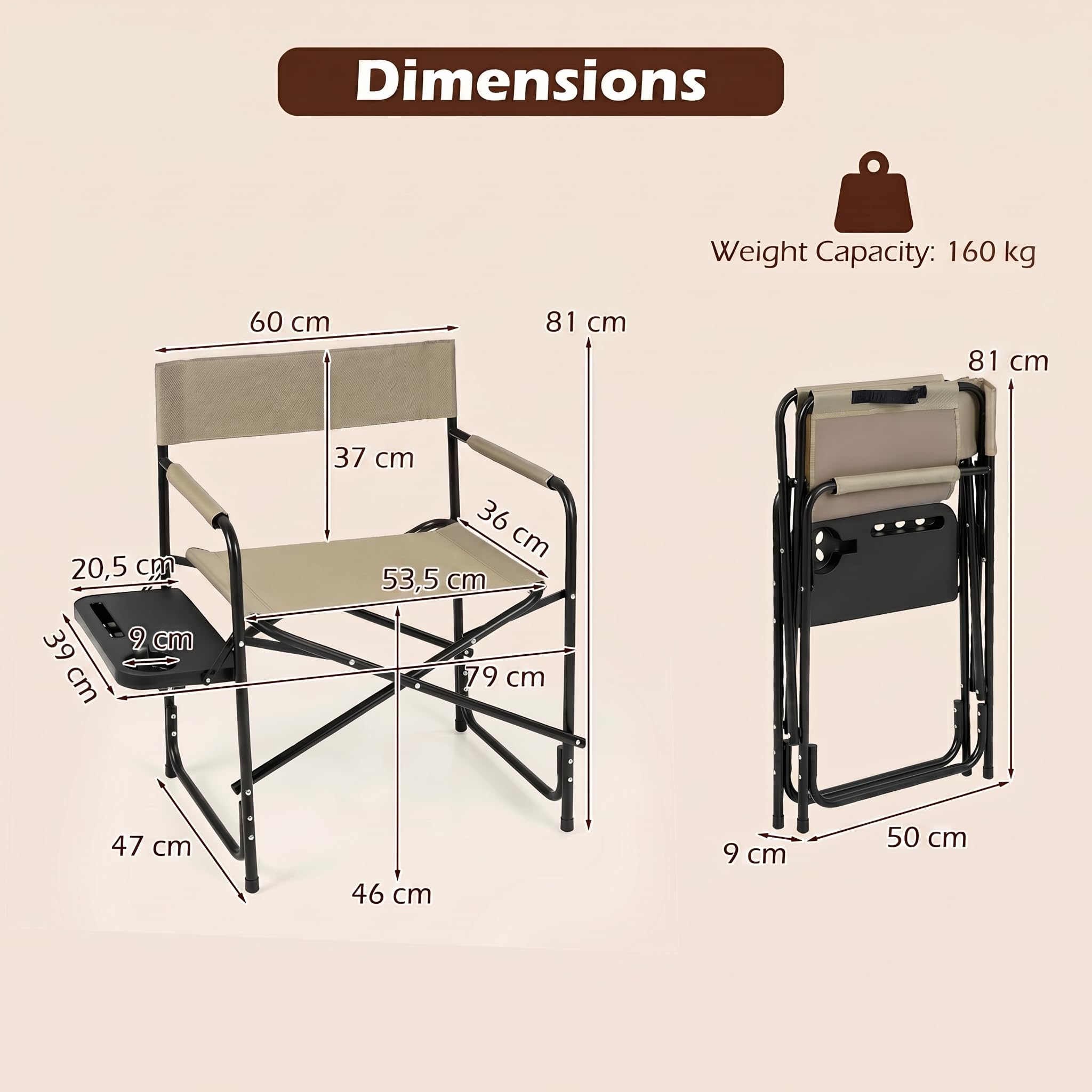 SOARS Sedia da Campeggio Pieghevole Leggera con Tavolino, Marrone | Sedia Regista Portatile con Portabicchiere, in Metallo Resistente, per Pesca e Picnic, da Giardino e Spiaggia, Max 160 kg