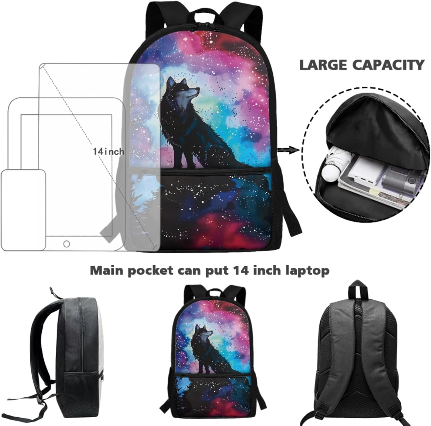 Wolf Bookbag with Lunch Bag for Boys Pencil Bag Backpack Elementary School Bag Kids 8-10/10-12/12-14 Student Water Bottle Organizer Book Bag 3th Grade Book Bag Cute Rucksack-4 Pack